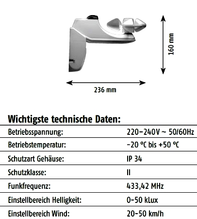Technische Daten und Abmessungen Somfy Soliris Sensor RTS LED mit Regensensoranschluß